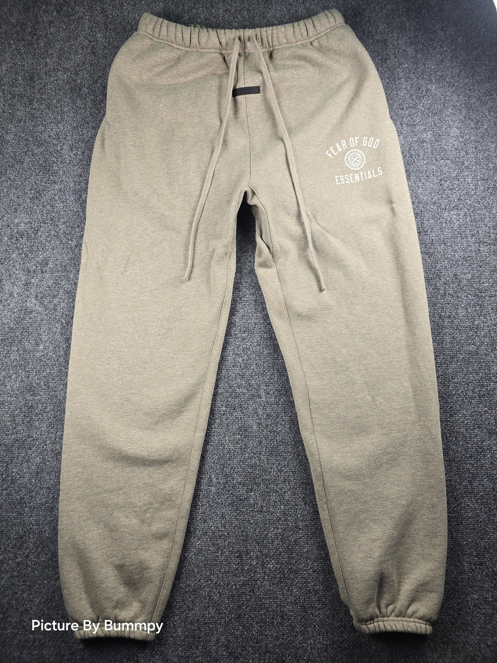 Fear of God Essentials University Crest Sweatpants, in colorway "Grey/Oatmeal"